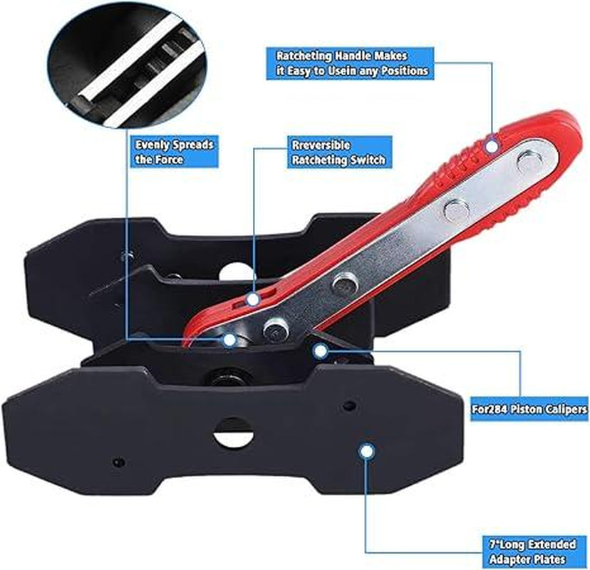 Brake Caliper Press Tool 360 Degree Swing Ratchet Expander Wrench Car Wheel Piston Spreader with Extra 2PCS Large Plates for Single Twin Quad Sextuplet Piston Disc Brake Caliper